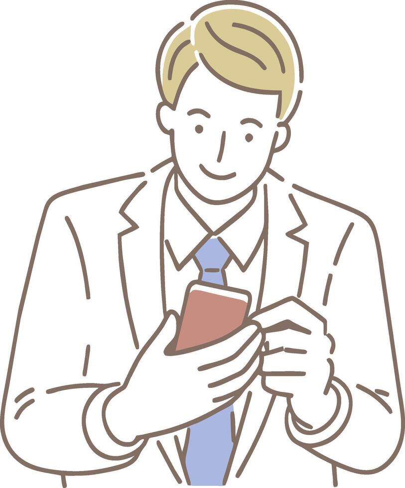 illustration de une homme d'affaire en portant une téléphone intelligent et souriant vecteur