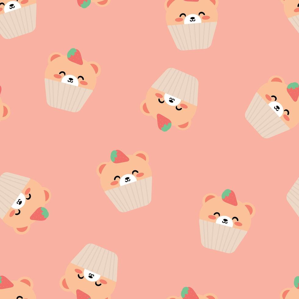 sans couture modèle de dessin animé ours et fraise gâteau. mignonne animal fond d'écran pour textile, cadeau emballage papier vecteur