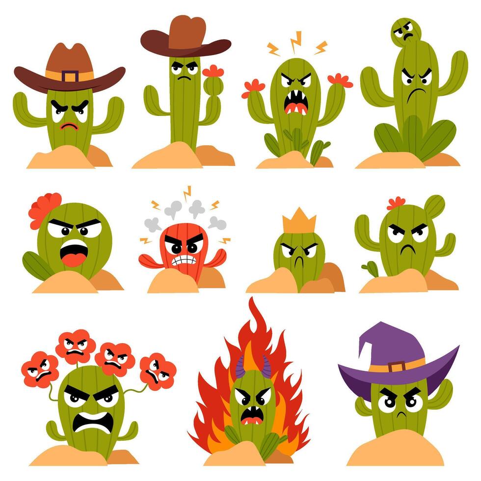 marrant cactus personnages dans plat style. en colère épineux cactus sur une blanc Contexte. ensemble de vecteur des illustrations de vert cactus.