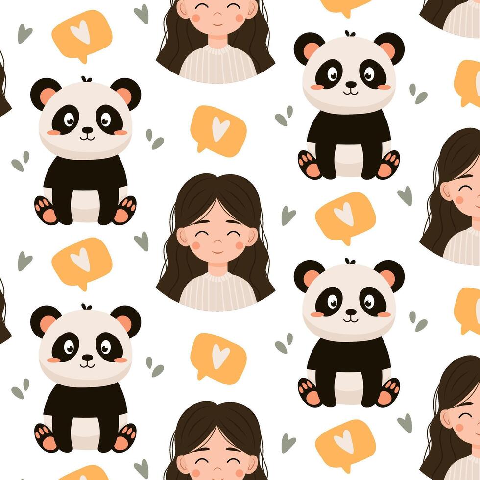 sans couture modèle avec mignonne fille et Panda. vecteur illustration de une fille et une Panda dans une plat style. des gamins modèle, Contexte