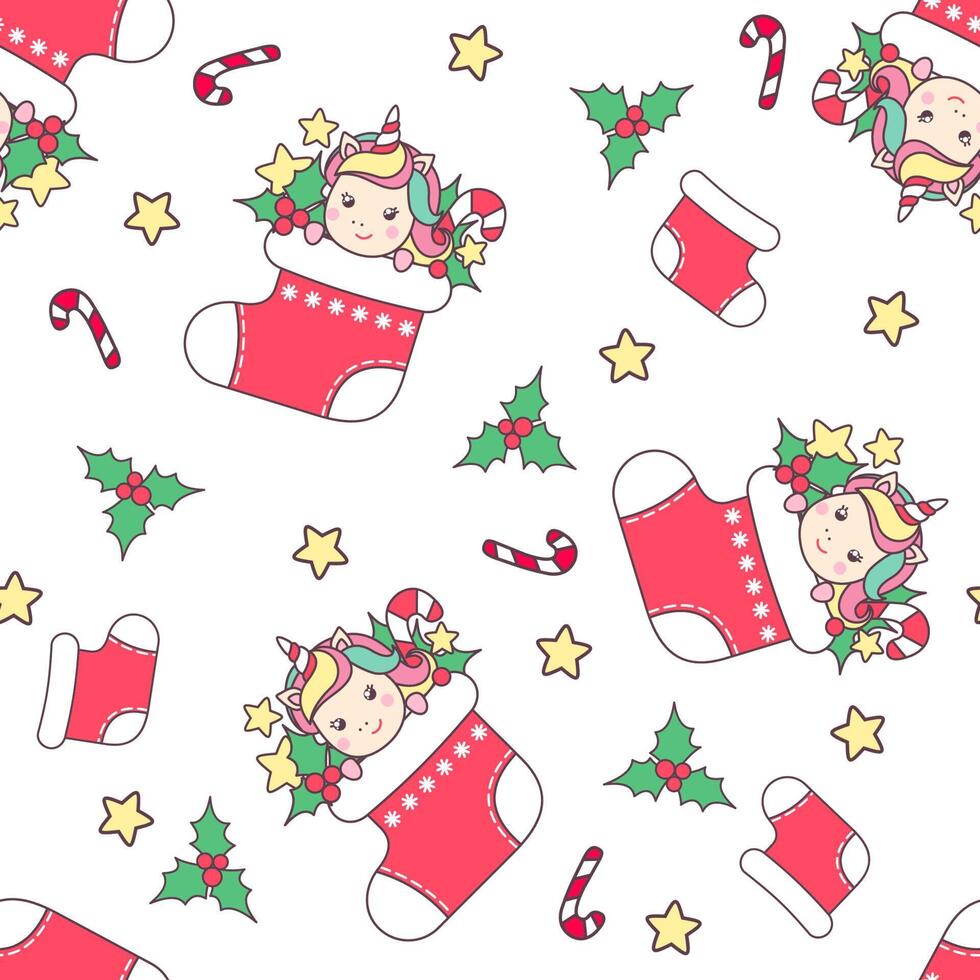 Noël sans couture modèle avec mignonne Licorne dans rouge chaussette, bonbons canne, houx et étoile isolé sur blanc Contexte. vecteur