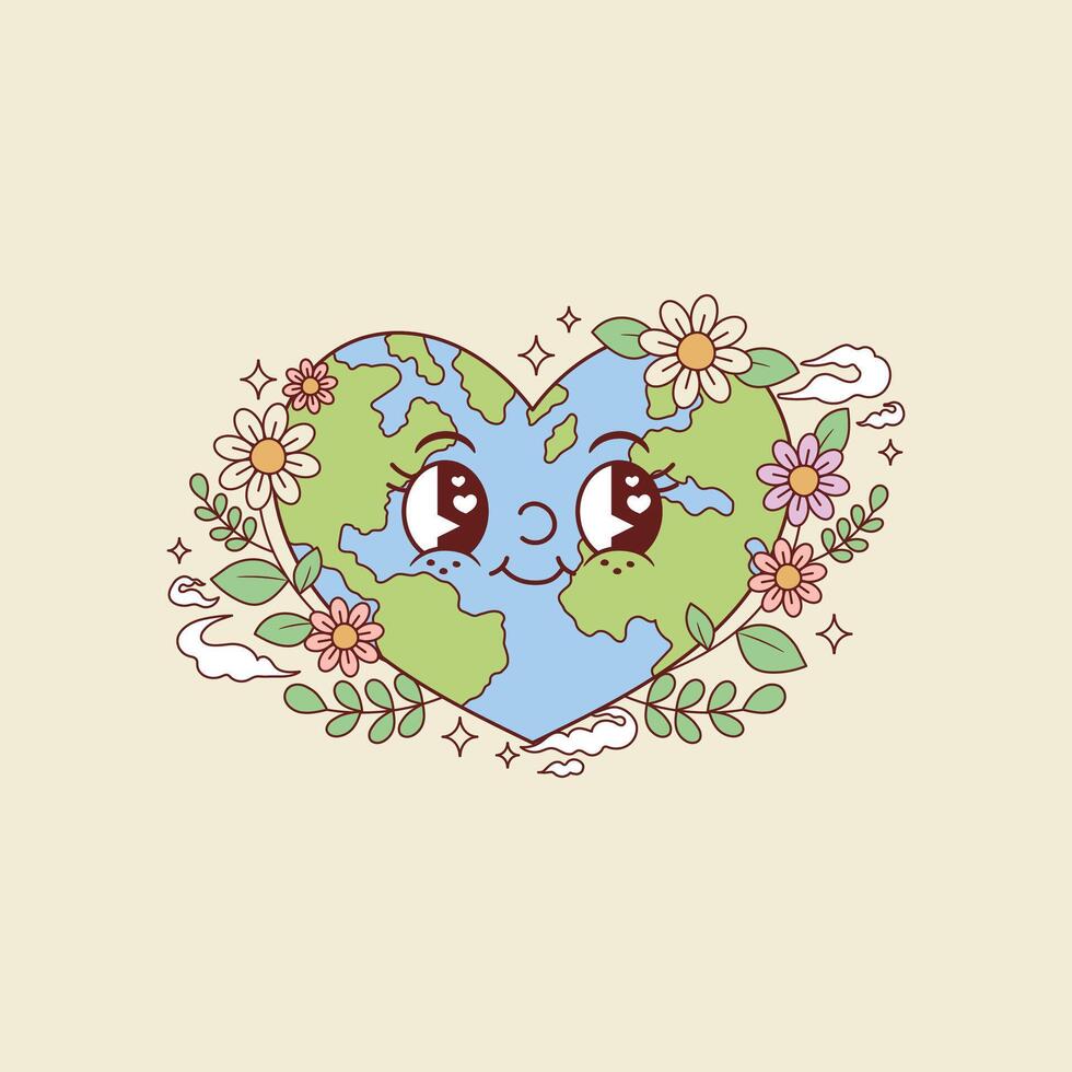 mignonne rétro illustration de planète Terre dans le forme de une cœur et entouré par fleurs vecteur