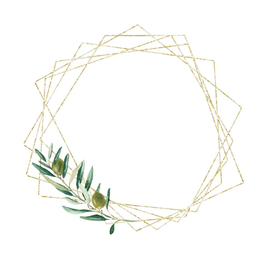 d'or géométrique cadre, couronne avec olive branche. pour mariage papeterie, faire-part, enregistrer le date, salutation carte, logos. vecteur