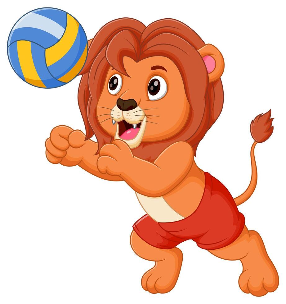 mignonne Lion dessin animé en jouant volley-ball vecteur illustration. animal la nature icône concept isolé prime vecteur