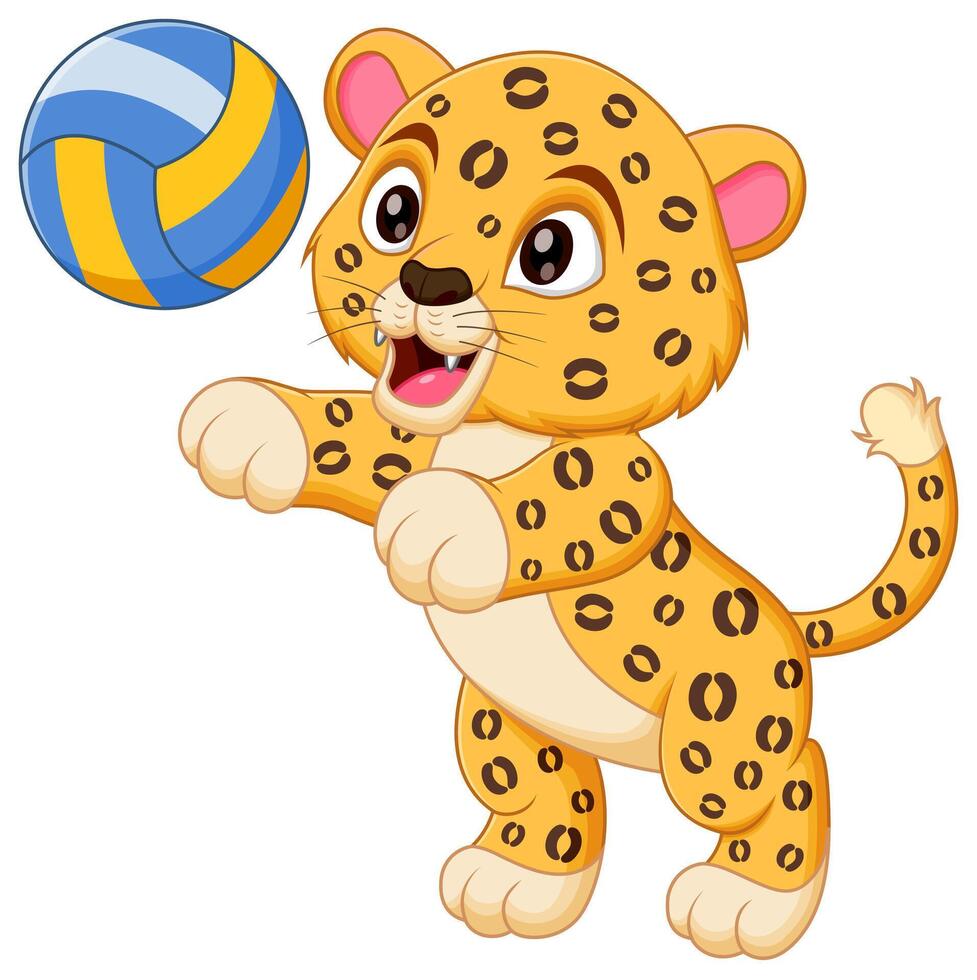 mignonne léopard dessin animé en jouant volley-ball vecteur illustration. animal la nature icône concept isolé prime vecteur