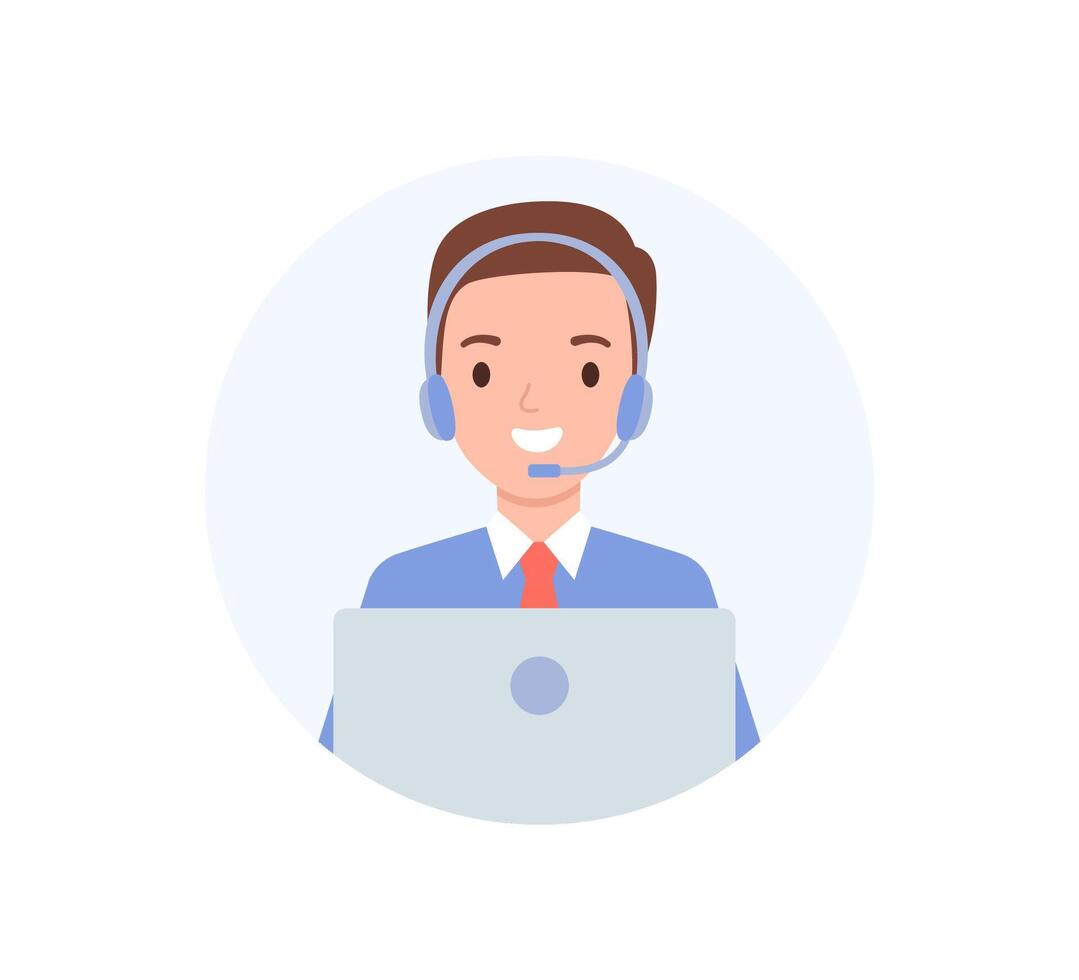 avatar de le appel centre opérateur. une homme avec écouteurs et une portable. technique soutien pour les clients 24h/24 et 7j/7, Téléphone hotline pour entreprise. vecteur illustration dans plat style.