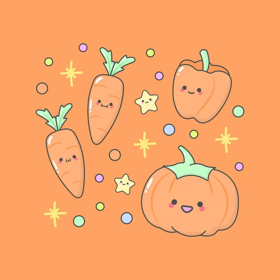 légume carotte citrouille cloche poivre avec mignonne faciale expressions et pastel Couleur vecteur