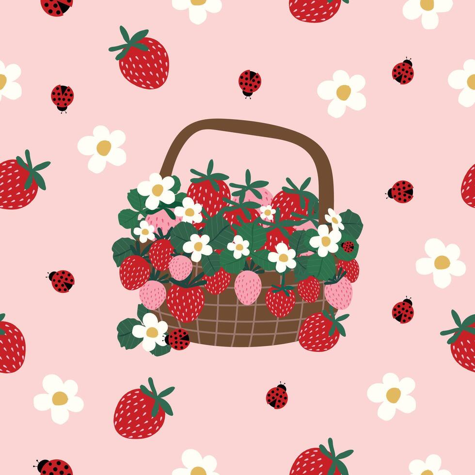 mignonne fraise dans panier main tiré sans couture modèle vecteur illustration pour décorer invitation salutation anniversaire fête fête mariage carte affiche bannière textile fond d'écran papier emballage Contexte