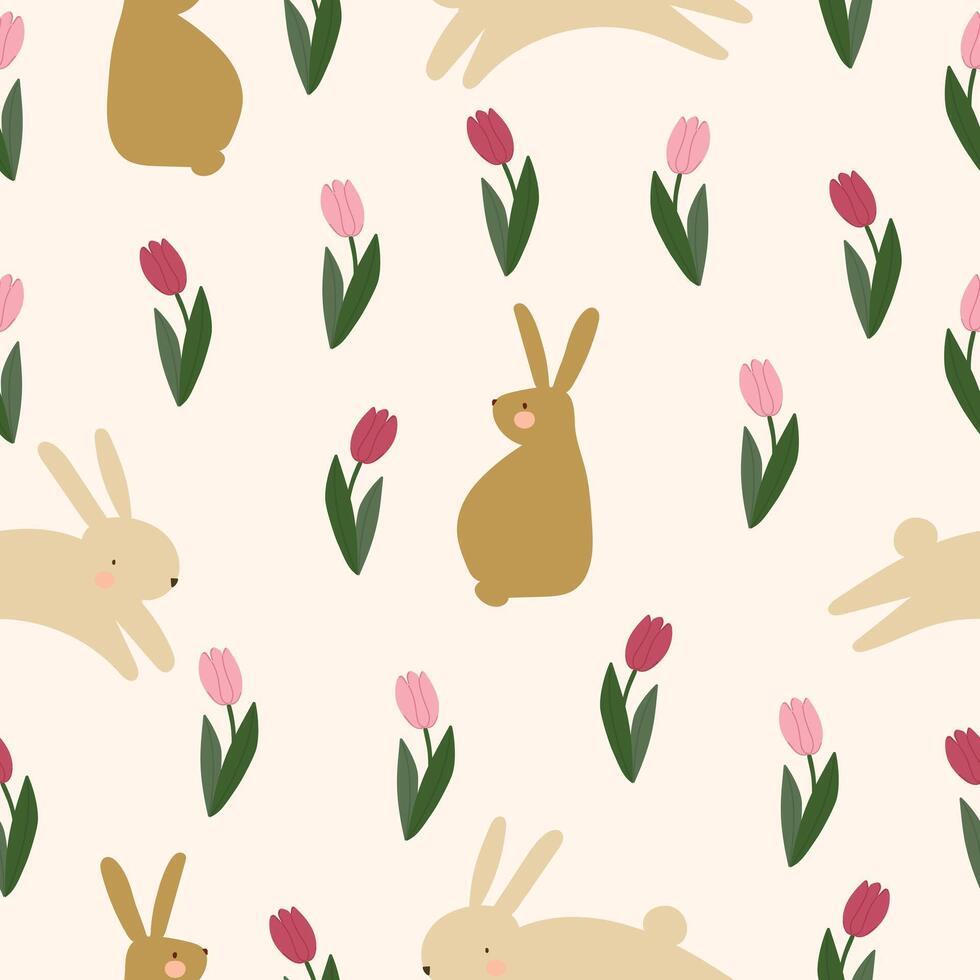 mignonne lapin dans tulipe fleurs jardin main tiré sans couture modèle vecteur pour décorer invitation salutation anniversaire fête fête mariage carte affiche bannière textile fond d'écran papier emballage Contexte