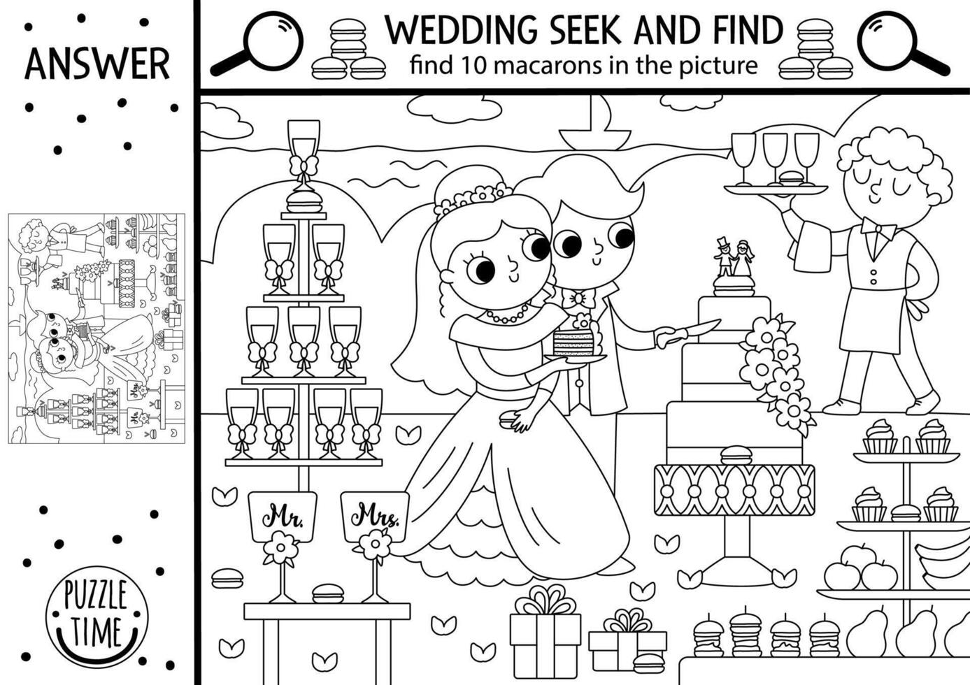 vecteur noir et blanc mariage recherche Jeu avec mariage la cérémonie scène. place caché macarons. chercher et trouver ligne éducatif imprimable activité ou coloration page avec mignonne mariée, marié, gâteau