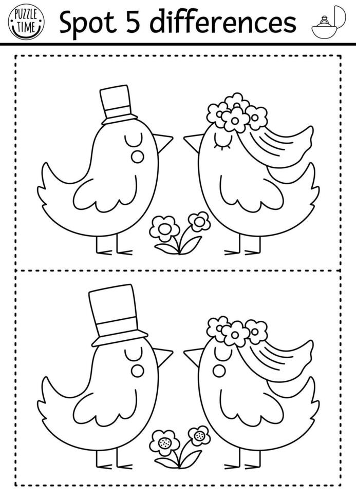 trouver différences Jeu pour les enfants. mariage noir et blanc éducatif activité avec mignonne marié des oiseaux couple. mariage imprimable coloration page pour des gamins avec marrant animal la mariée et jeune marié vecteur