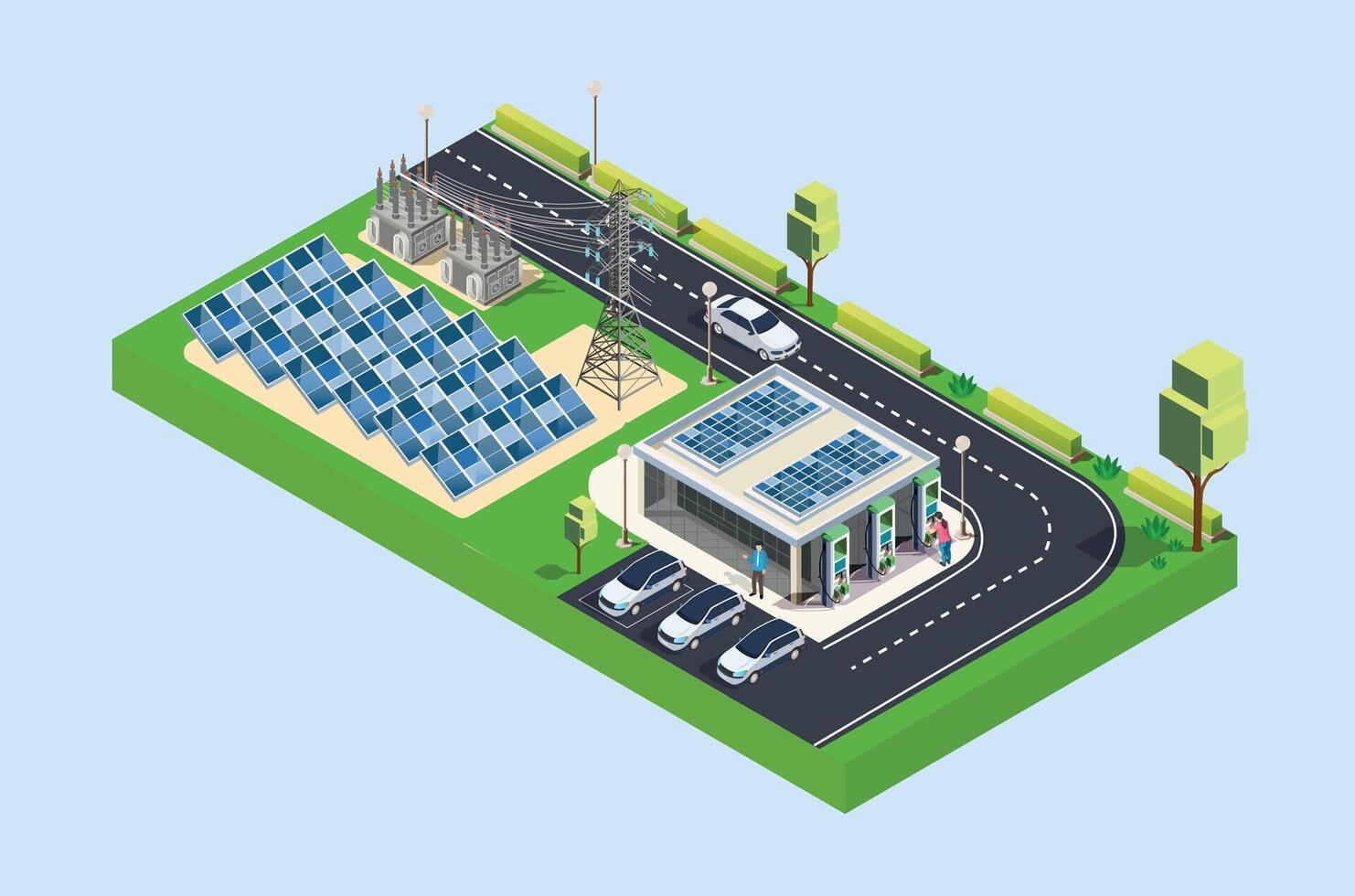 isométrique mise en charge station pour super vite électrique Véhicules en utilisant solaire panneaux et beaucoup de mise en charge points., adapté pour schémas, infographies, et autre graphique atout vecteur