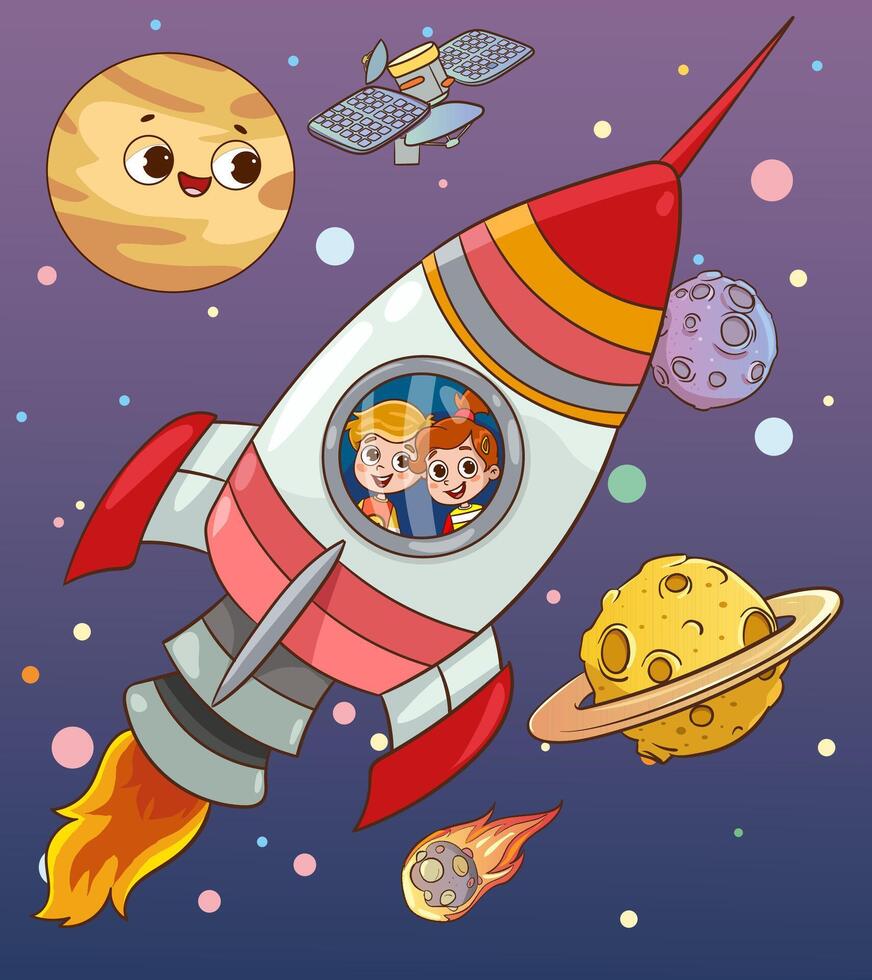 vecteur illustration de des gamins et fusée.petite les enfants sont Heureusement en volant sur une fusée. brillant des photos pour enfants fonds d'écran, livres, des bandes dessinées et coloration livres.