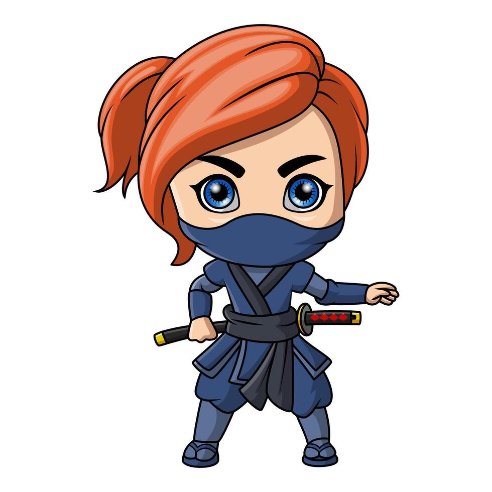 mignonne ninja fille dessin animé en portant une épée vecteur