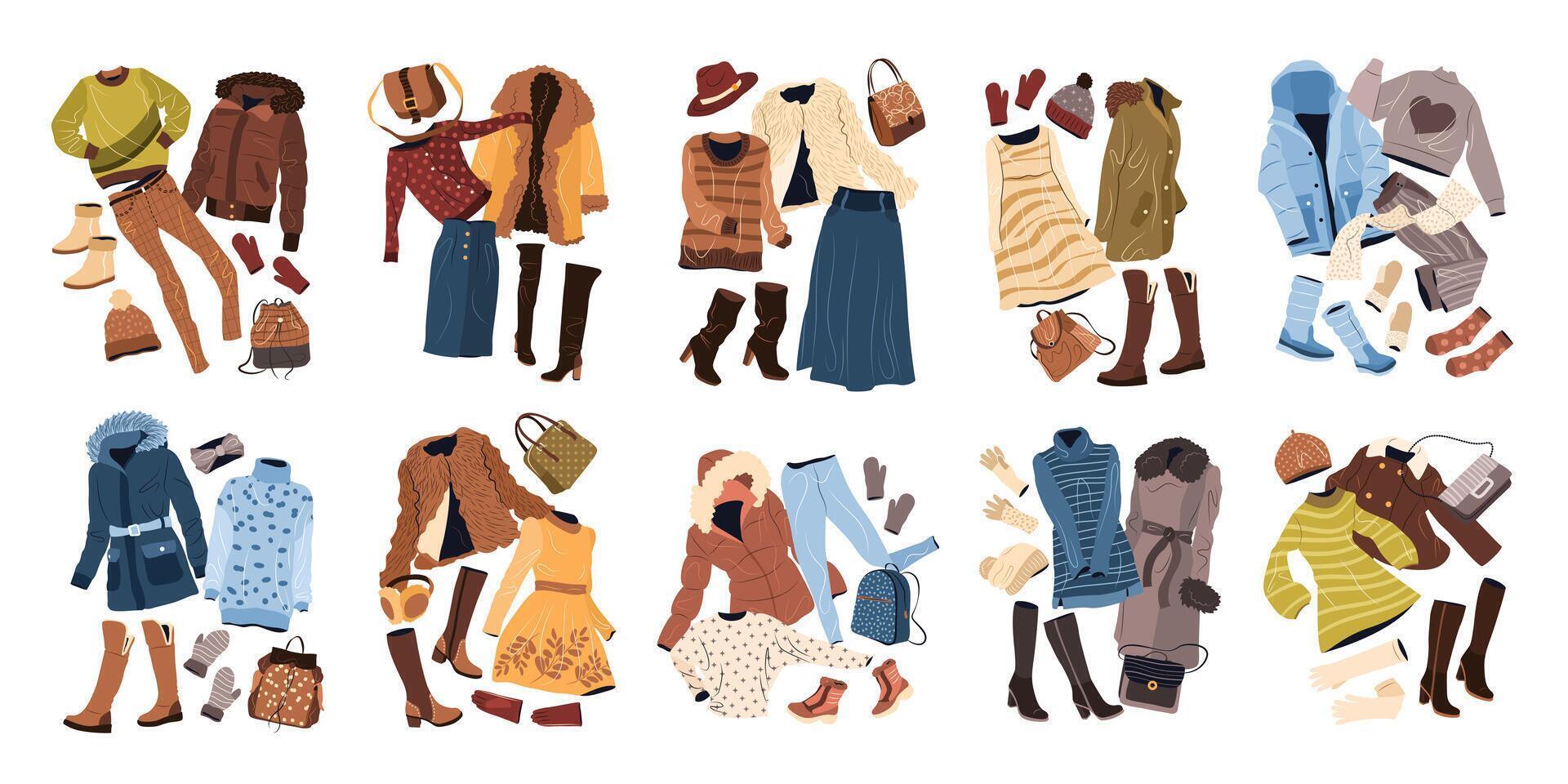 tenues ensemble dans décontractée style pour femmes. mode femelle vêtements, accessoires, habits, vêtements, Sacs, Chapeaux, des chaussures pour tomber et l'hiver. isolé plat vecteur des illustrations sur blanc Contexte. agrafe art.