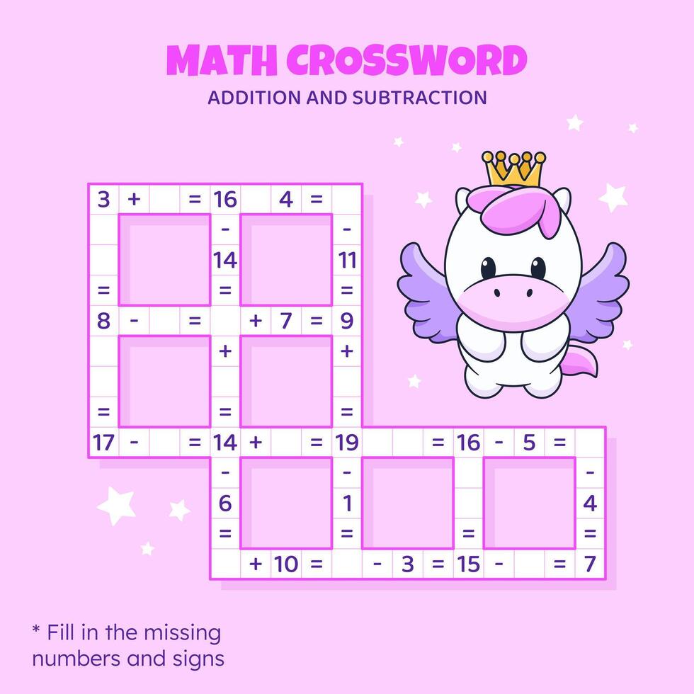 math mots croisés puzzle pour enfants. une addition et soustraction. compte en haut à 20. Jeu pour les enfants. vecteur illustration. coloré mots croisés avec dessin animé poney. tâche, éducation Matériel pour enfants.