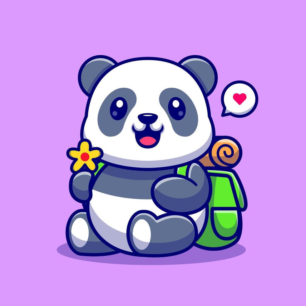 mignonne Panda en portant fleur avec sac à dos dessin animé vecteur icône illustration. animal la nature icône concept isolé prime vecteur. plat dessin animé style