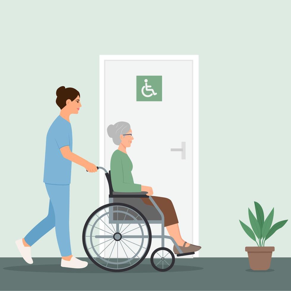 une infirmière dans une allaitement Accueil aide personnes âgées patient.personne âgée se soucier concept. Aidez-moi pour les personnes âgées avec handicapées. vecteur illustration