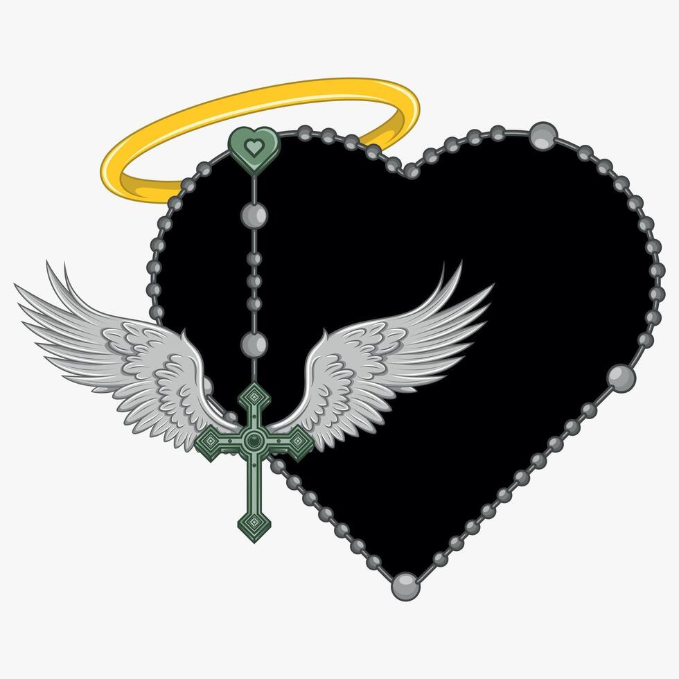 vecteur conception de ailé traverser avec en forme de coeur chapelet, en forme de coeur chapelet avec ailes, symbologie de le catholique religion