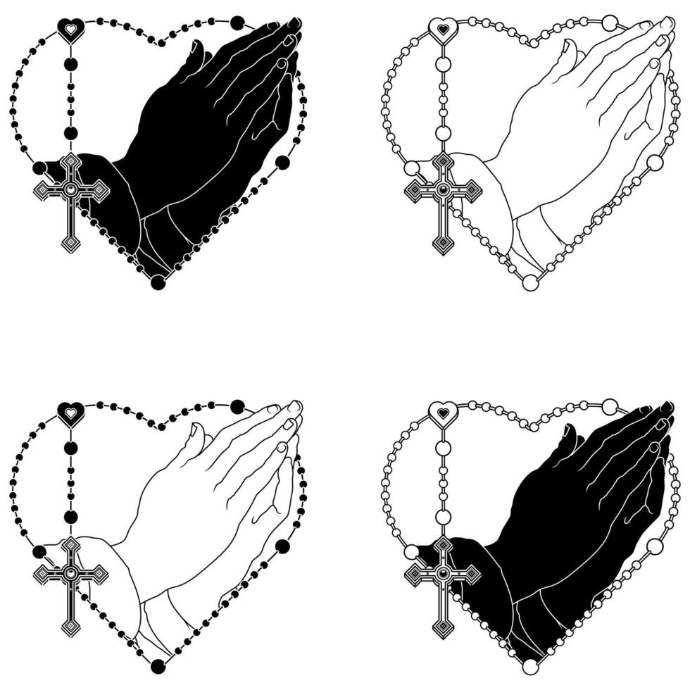 vecteur conception de prier mains avec cœur en forme de chapelet, chapelet avec Christian croix, symbole de catholique religion