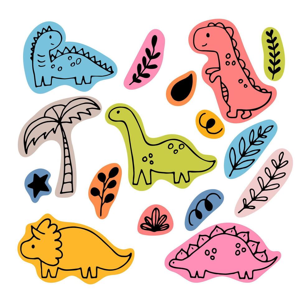 mignonne main tiré dinosaures et tropical les plantes. dino collection pour enfants. marrant personnages ensemble vecteur