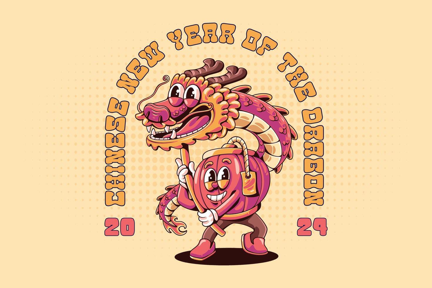 T-shirt conception avec chinois lanterne performant dragon Danse rétro dessin animé personnage illustration. année de le dragon 2024 vecteur