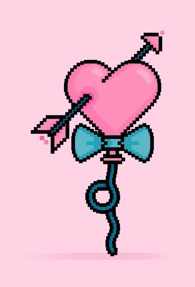 8 bit pixel illustration de rose cœur ou l'amour des ballons percé par Cupidon La Flèche pour durable l'amour. pouvez être utilisé pour autocollant, t chemise, cadeau, sortir ensemble invitation, affiche, Valentin salutation vecteur