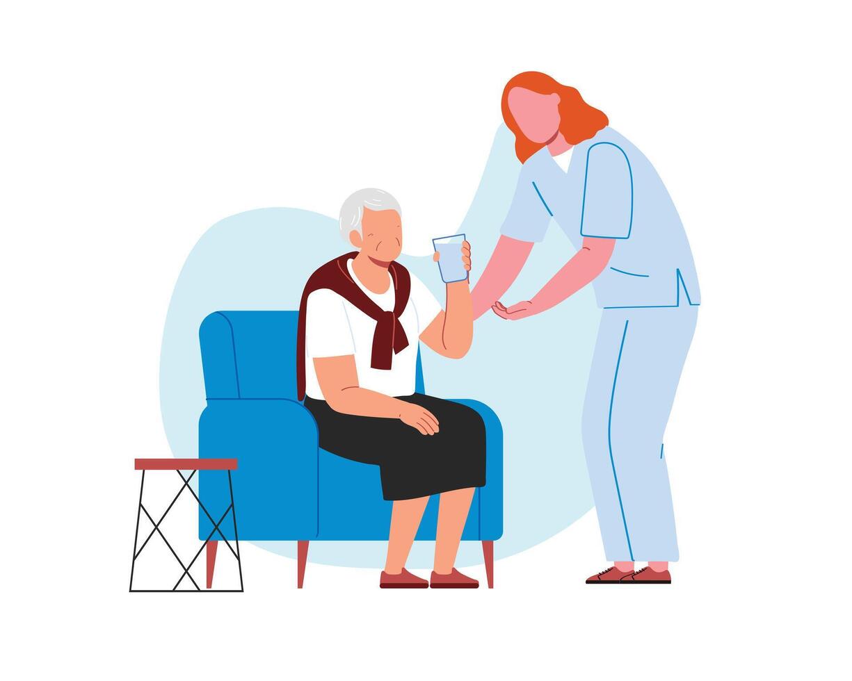 une infirmière aide un personnes âgées femme à boisson tandis que elle dans le canapé. plat style conception personnage vecteur illustration conception