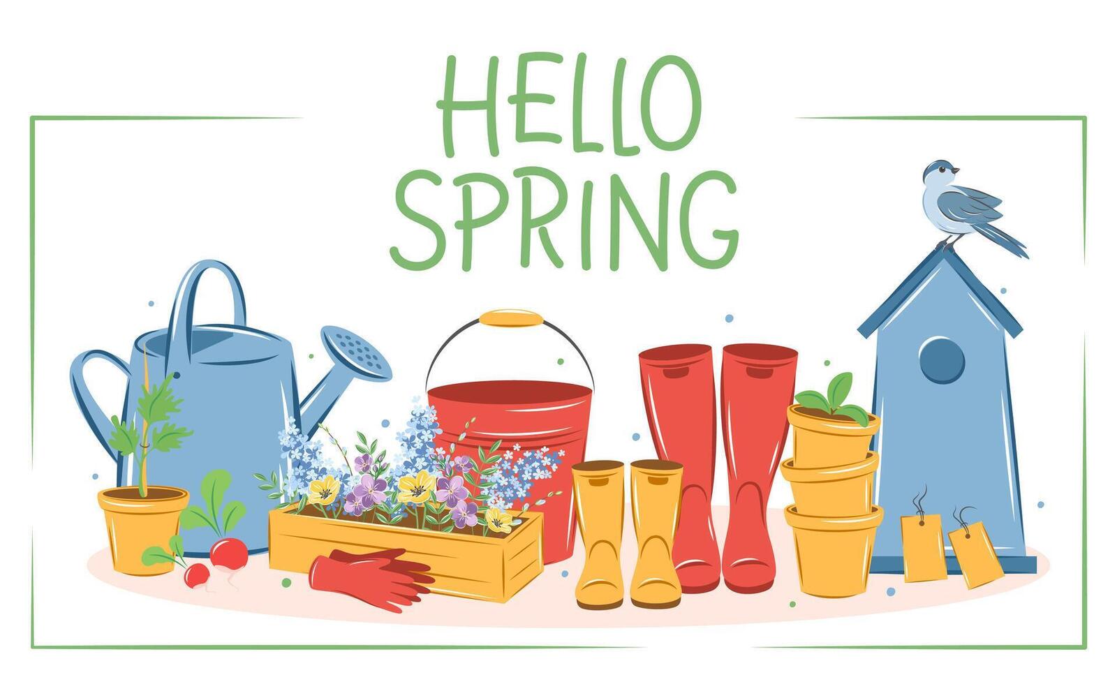 Bonjour printemps texte. jardinage, croissance végétaux, agricole outils. vecteur illustration.