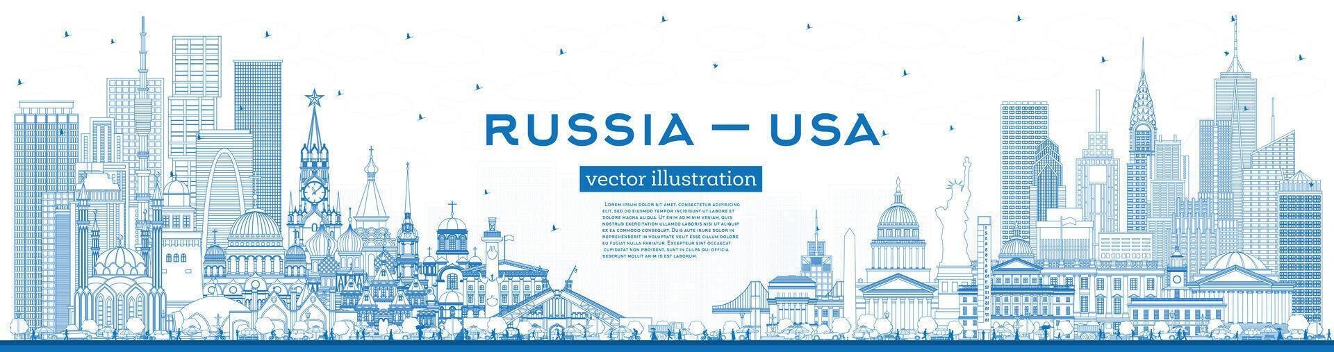 contour Russie et Etats-Unis horizon avec bleu bâtiments. célèbre Repères. Etats-Unis et Russie concept. diplomatique rapports entre des pays. vecteur