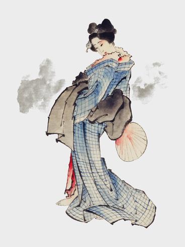 Illustration japonaise traditionnelle de style Ukyio-e d&#39;une femme japonaise en kimono par Katsushika Hokusai (1760-1849). Original de la Bibliothèque du Congrès. Augmenté numériquement par rawpixel. vecteur