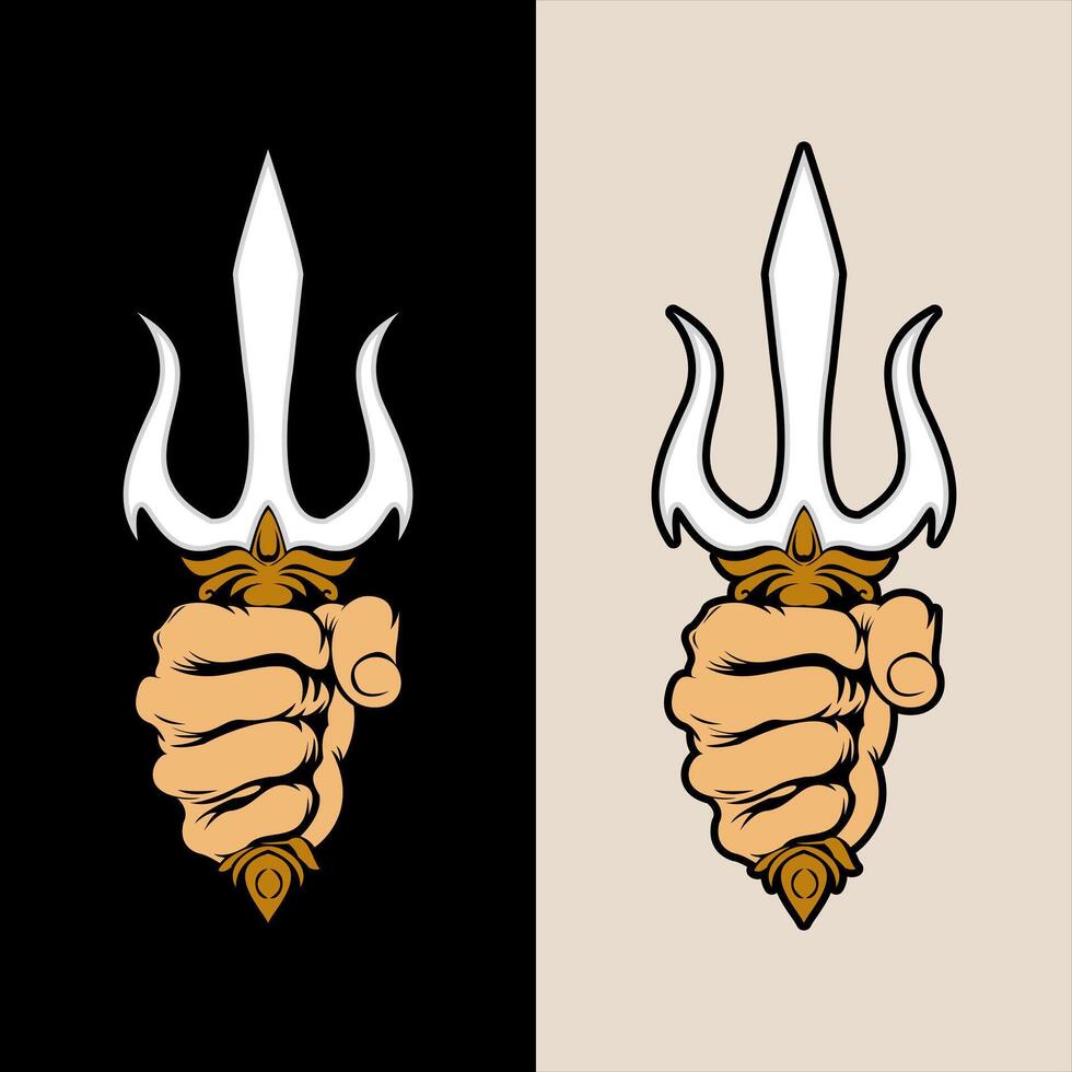deux images de une main en portant une épée avec une trident vecteur