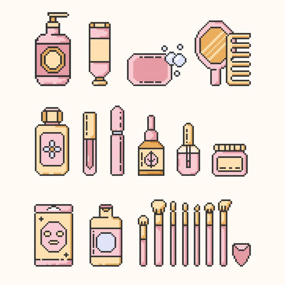 peau, corps, cheveux se soucier pixel art Icônes set.makeup illustration signe collection.divers différent cosmétique des produits. emballage dans différent formes pour soin de la peau des produits. vecteur illustration