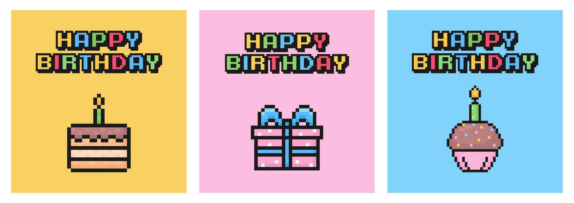 content anniversaire carte ensemble, pixel art carte postale, Années 80 Années 90 vieux arcade Jeu style, nostalgie, cadeau, gâteau, bougie, vecteur illustration