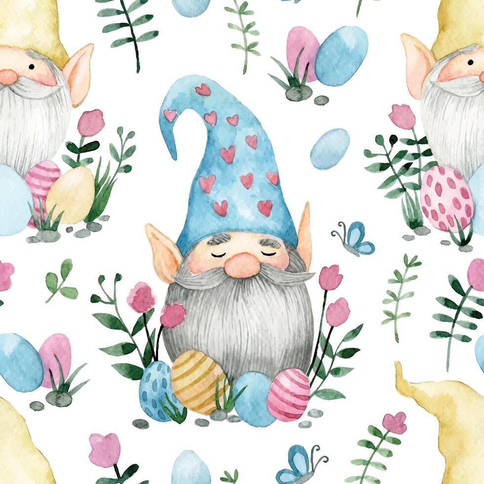 sans couture modèle avec mignonne gnomes avec Pâques des œufs et fleurs. aquarelle dessin sur le thème de Pâques. vecteur