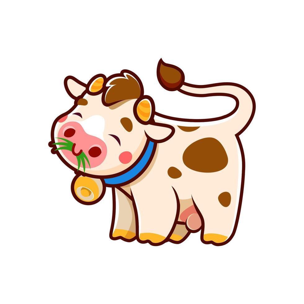 mignonne vache dessin animé personnage ou mascotte en mangeant herbe vecteur