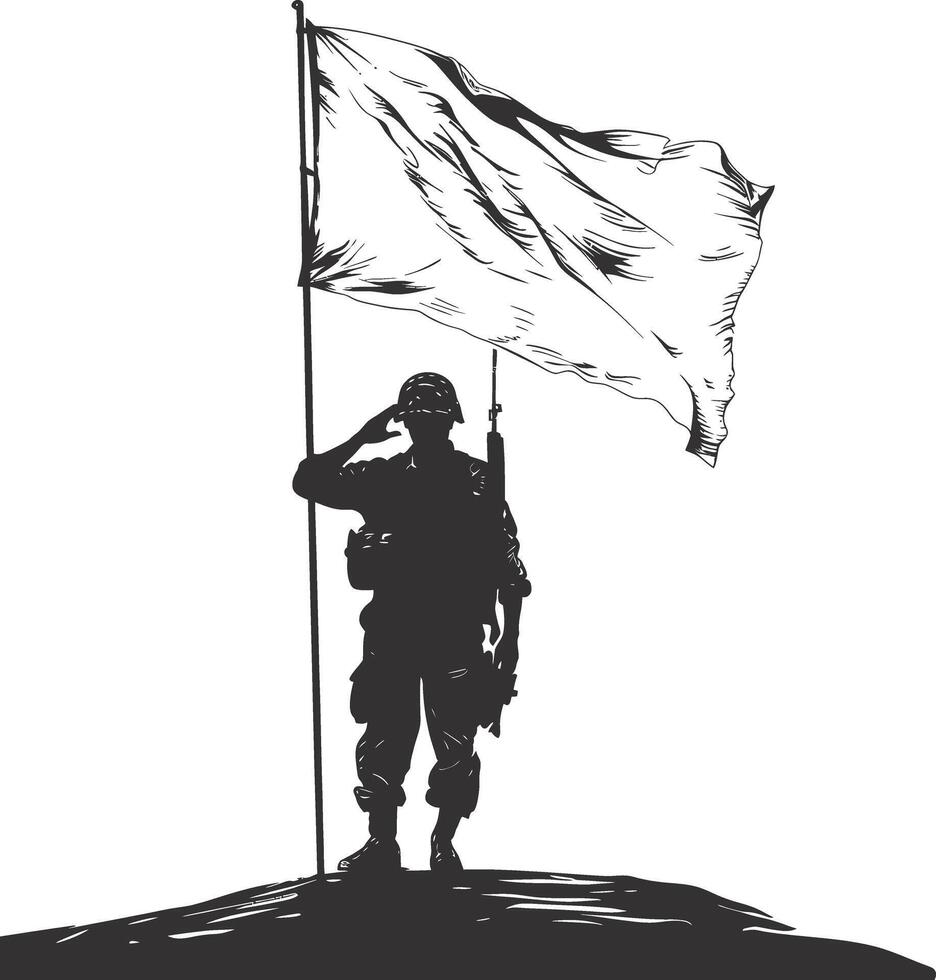 ai généré silhouette soldats ou armée pose dans de face de le blanc drapeau noir Couleur seulement vecteur