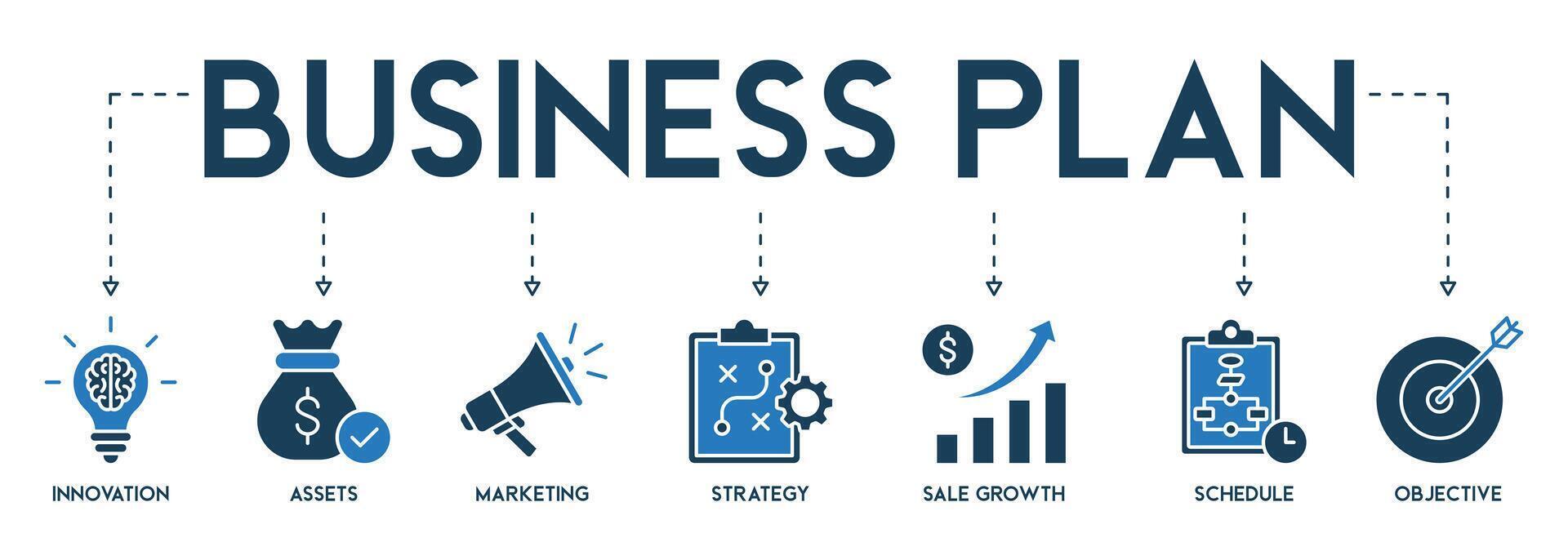 bannière de affaires plan symbole vecteur illustration concept avec le icône de innovation, actifs, commercialisation, stratégie, vente, croissance, programme et objet