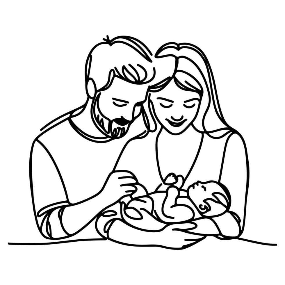 continu un noir ligne art dessin Parents avec nouveau née bébé griffonnages contour style vecteur illustration sur blanc Contexte