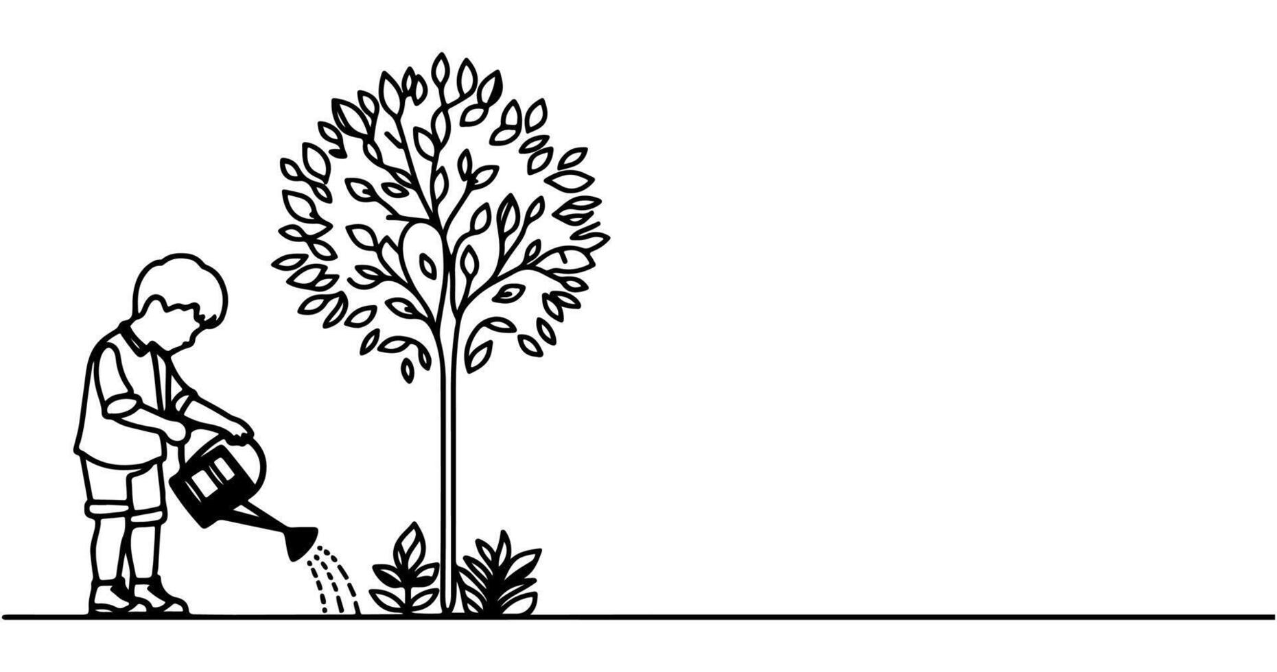 continu un noir ligne art dessin silhouette de les enfants arrosage une arbre. plantation arbre à enregistrer le monde et Terre journée réduire global chauffage croissance concept vecteur illustration sur blanc Contexte