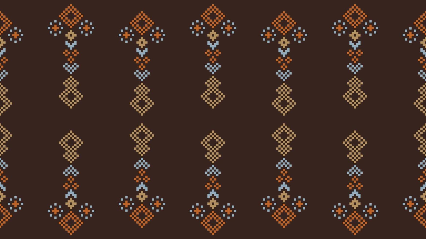 traditionnel ethnique motifs ikat géométrique en tissu modèle traverser point.ikat broderie ethnique Oriental pixel marron Contexte. abstrait, vecteur, illustration. texture, écharpe, décoration, papier peint. vecteur