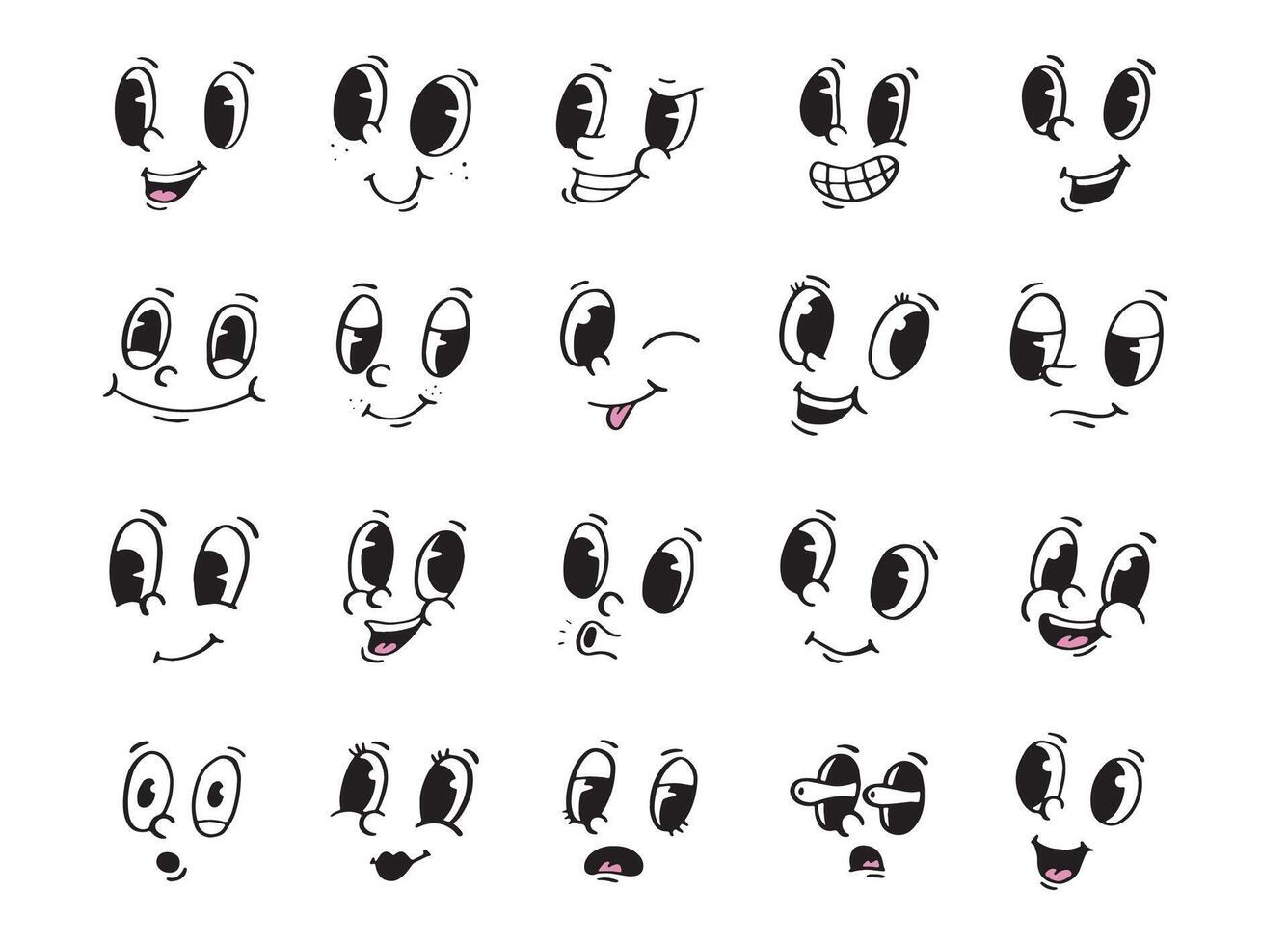 rétro dessin animé visages, émotif expressions agrafe art, mascottes décor collection vecteur