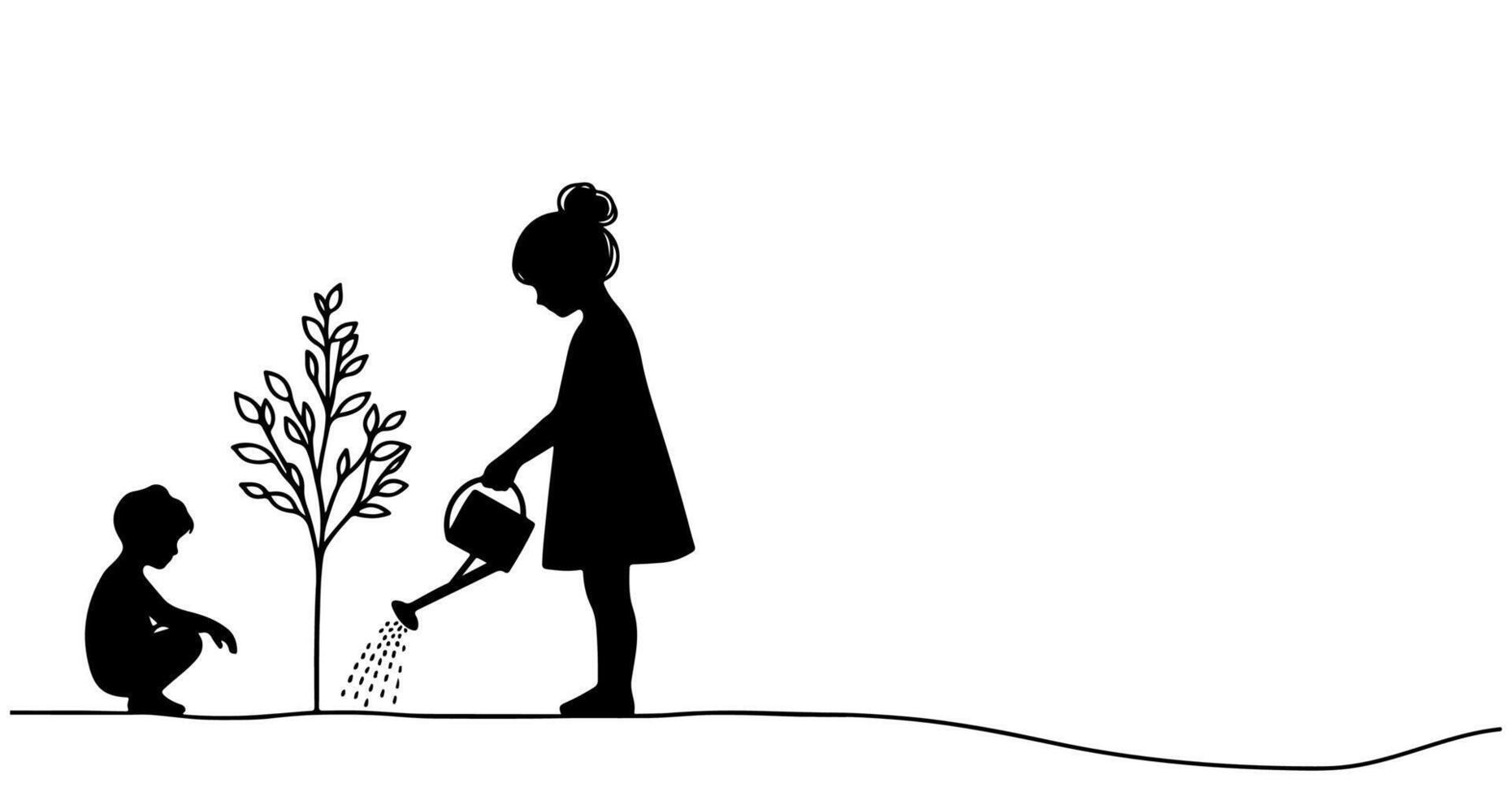 continu un noir ligne art dessin silhouette de les enfants arrosage une arbre. plantation arbre à enregistrer le monde et Terre journée réduire global chauffage croissance concept vecteur illustration sur blanc Contexte