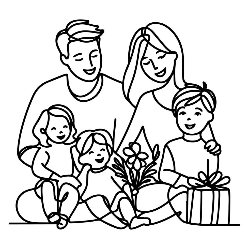 continu un noir ligne art dessin content famille père et mère avec enfant griffonnages style vecteur illustration sur blanc