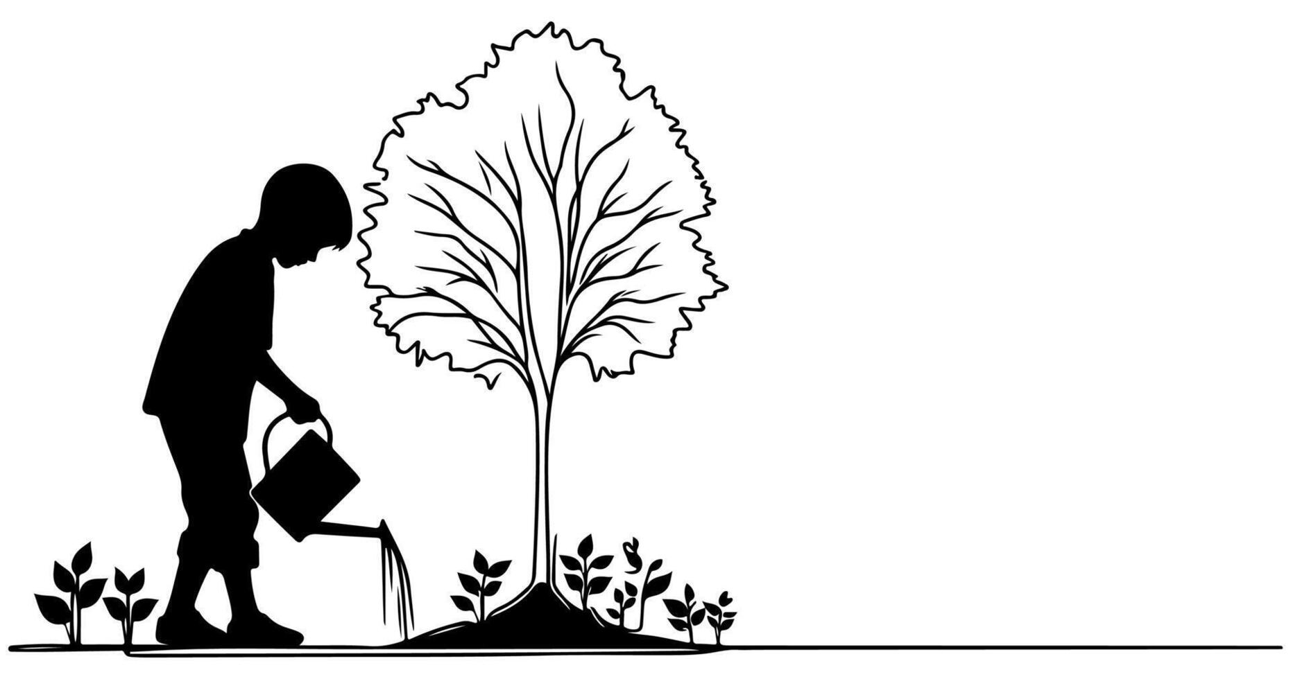 continu un noir ligne art dessin silhouette de les enfants arrosage une arbre. plantation arbre à enregistrer le monde et Terre journée réduire global chauffage croissance concept vecteur illustration sur blanc Contexte