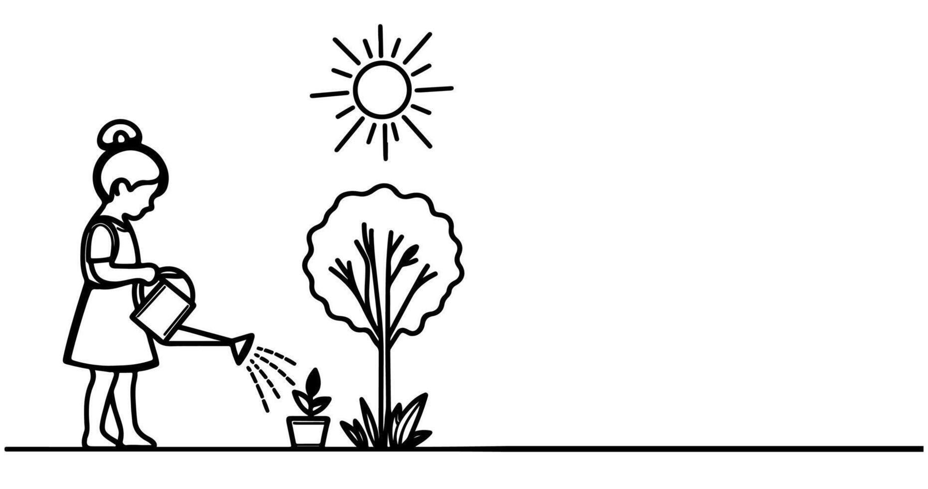 continu un noir ligne art dessin silhouette de les enfants arrosage une arbre. plantation arbre à enregistrer le monde et Terre journée réduire global chauffage croissance concept vecteur illustration sur blanc Contexte