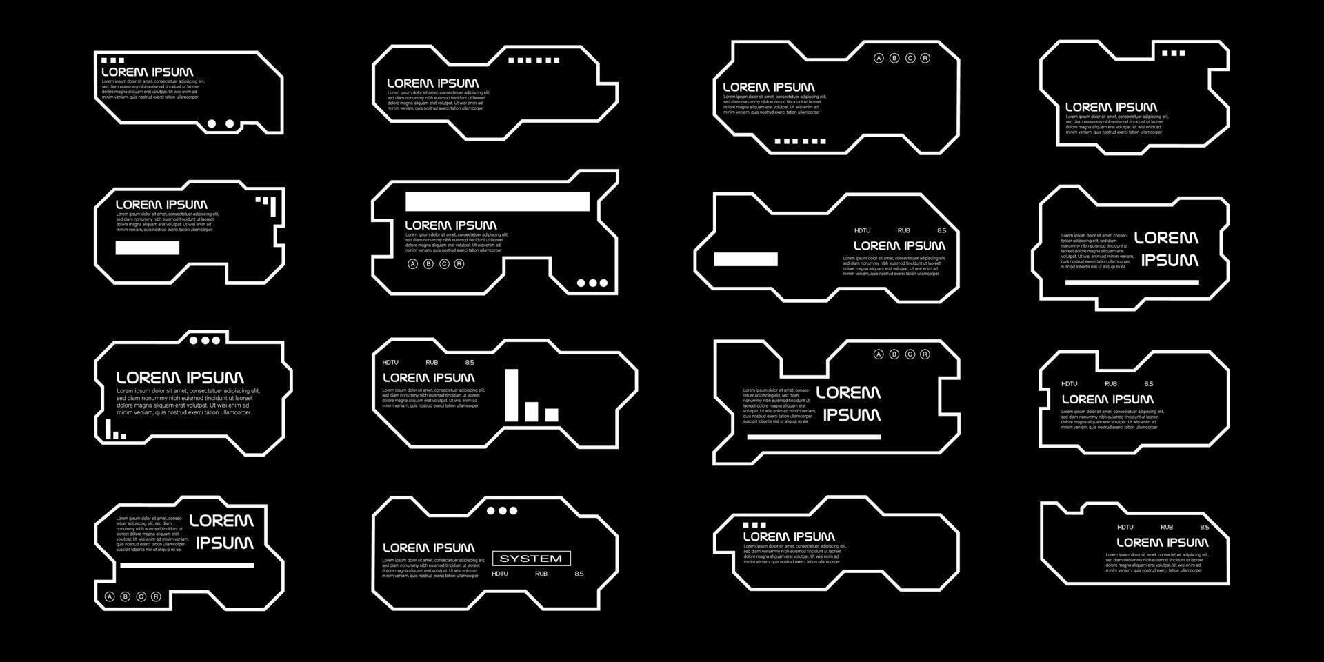futuriste interface ui éléments. holographique hud utilisateur interface éléments, haute technologie bars et cadres. hud interface Icônes vecteur illustration ensemble. rectangulaire forme les frontières