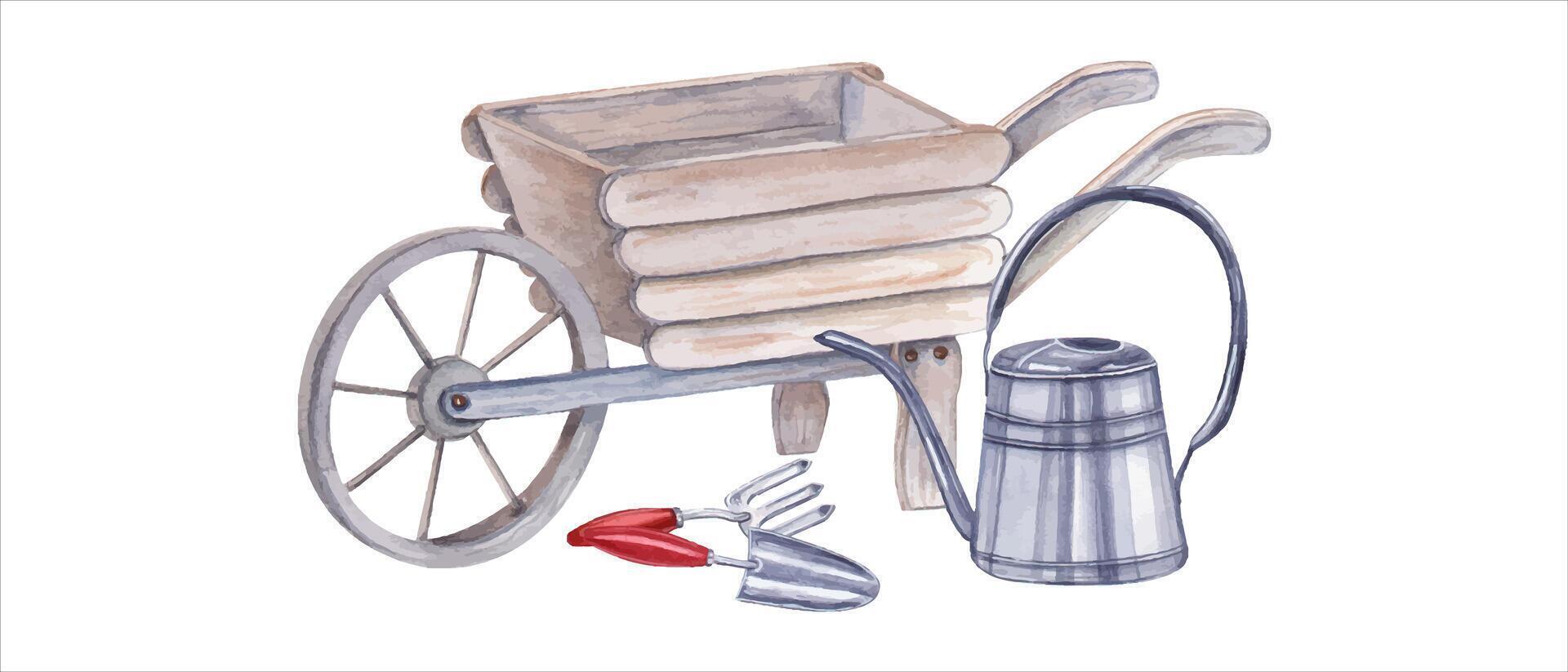 aquarelle jardin outils. illustration isolé sur blanche. arrosage peut, brouette, main truelles, fourchette pour floraison et jardinage. aquarelle illustration pour le conception de livres, les magazines vecteur