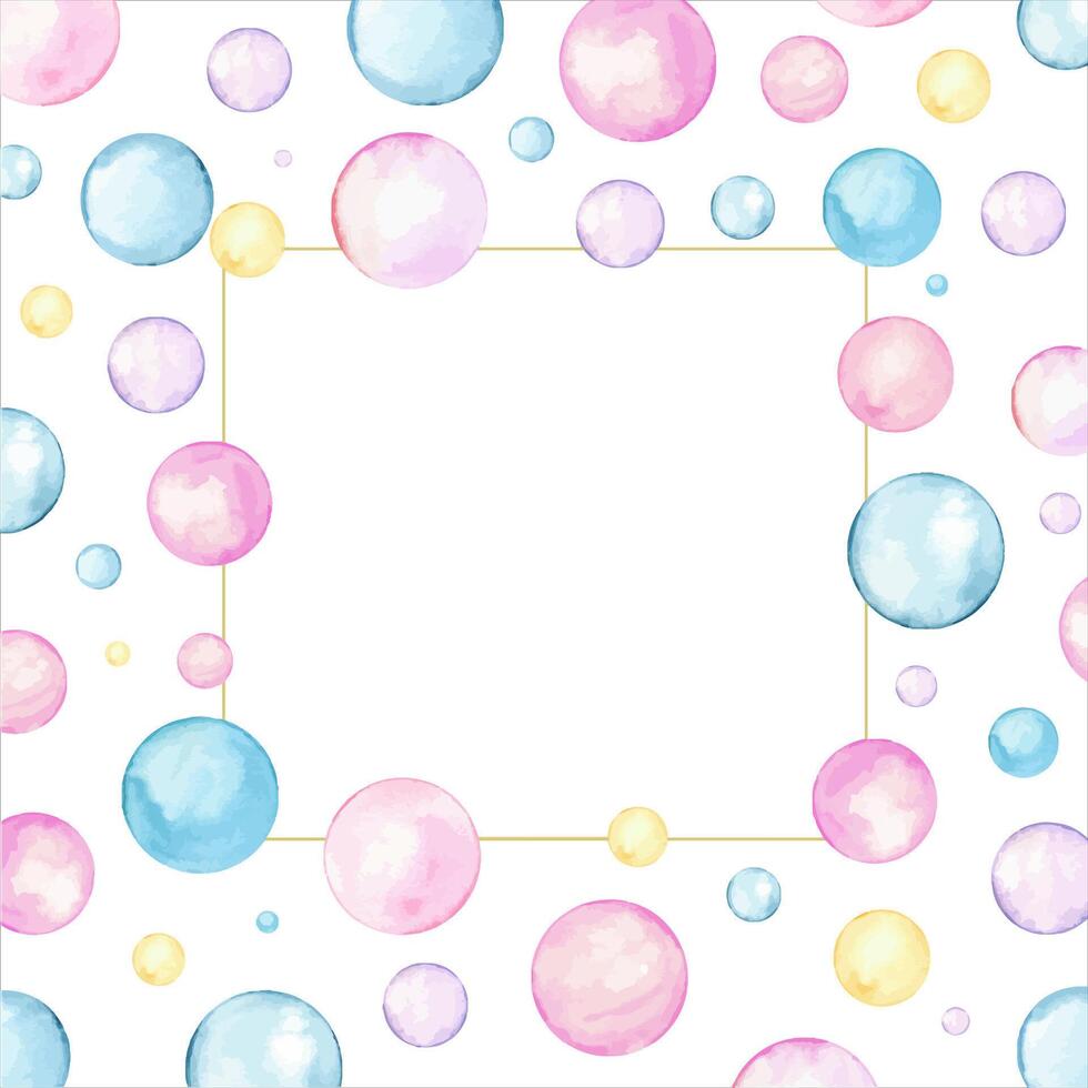 géométrique aquarelle Cadre avec copie espace pour texte. rose, bleu, Jaune polka points. cercle, confettis. éclaboussures, bulles, rond griffonnage taches. main tiré illustration pour anniversaire cartes, salutations. vecteur