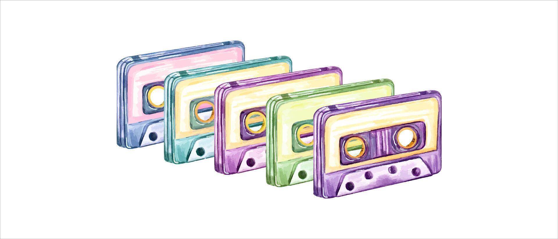 ensemble de rétro l'audio cassettes. ancien compact cassette. musical dispositifs. vieux façonné cassettes audio. musique, son, playlist, l'audio équipement. aquarelle illustration vecteur